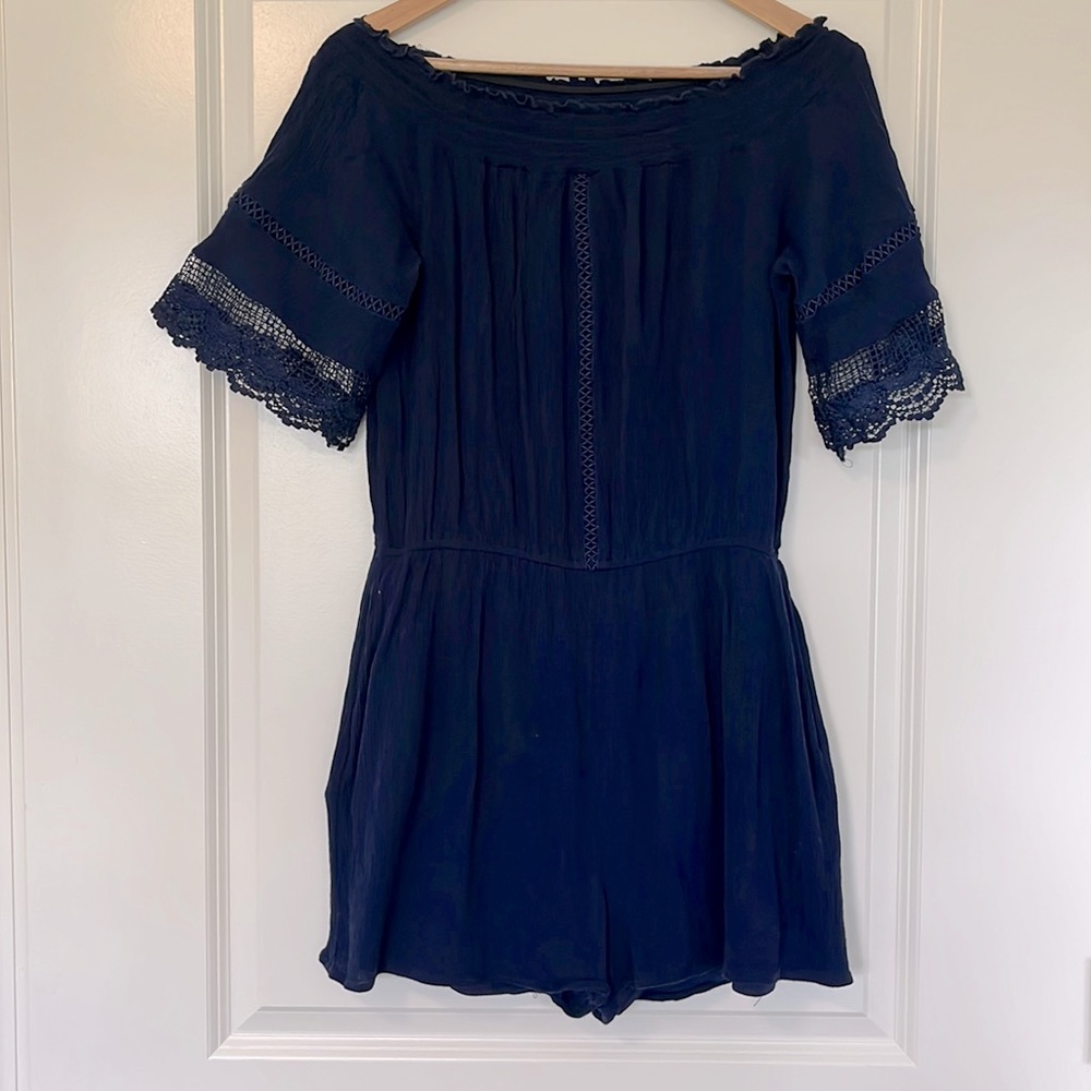 Fire Los Angeles Shorts Romper with Pockets and Lace Sleeves Navy Blue Size L